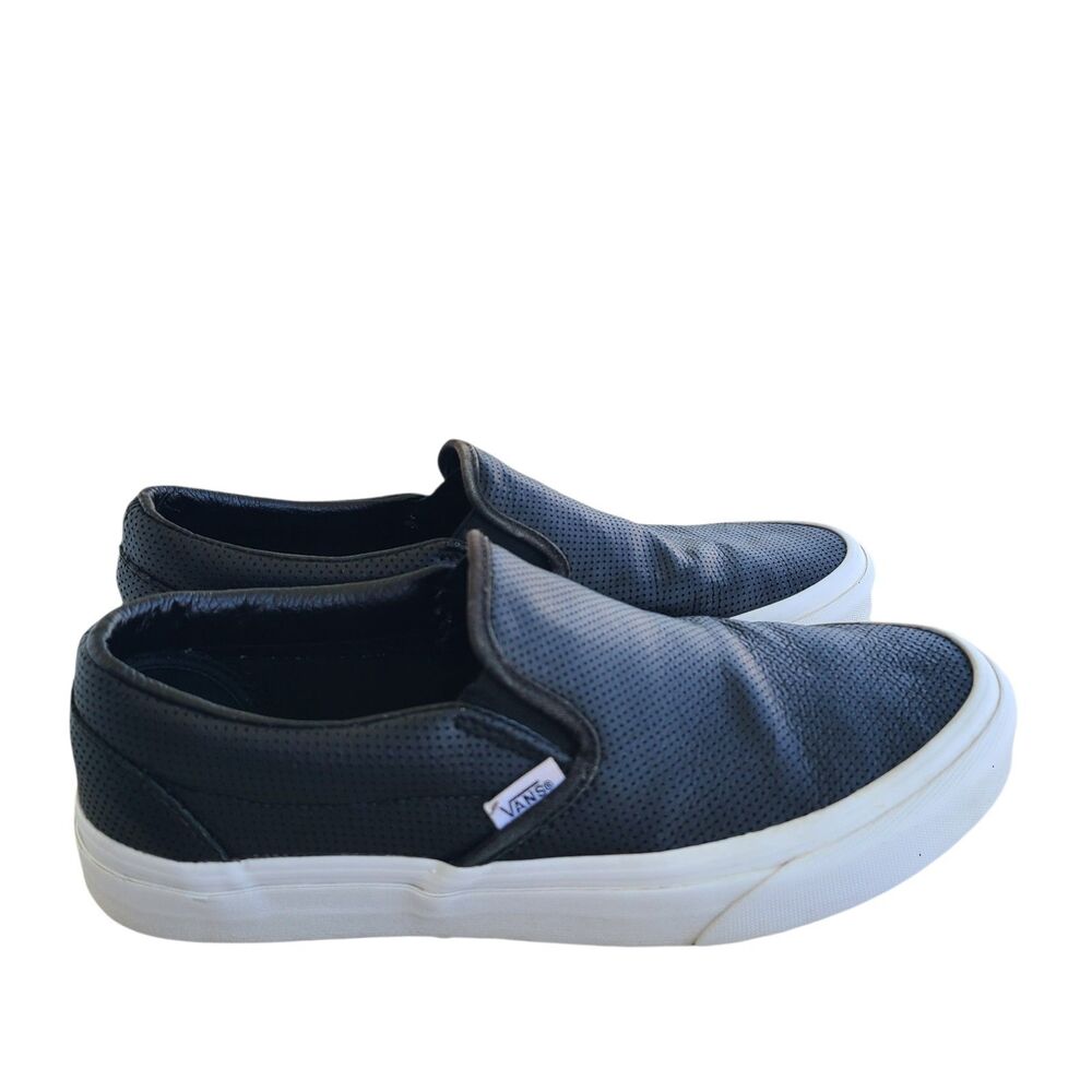 Vans Classic Slip-On Perforated Black Leather Sneakers M 7, L 8.5 Low Top Skater